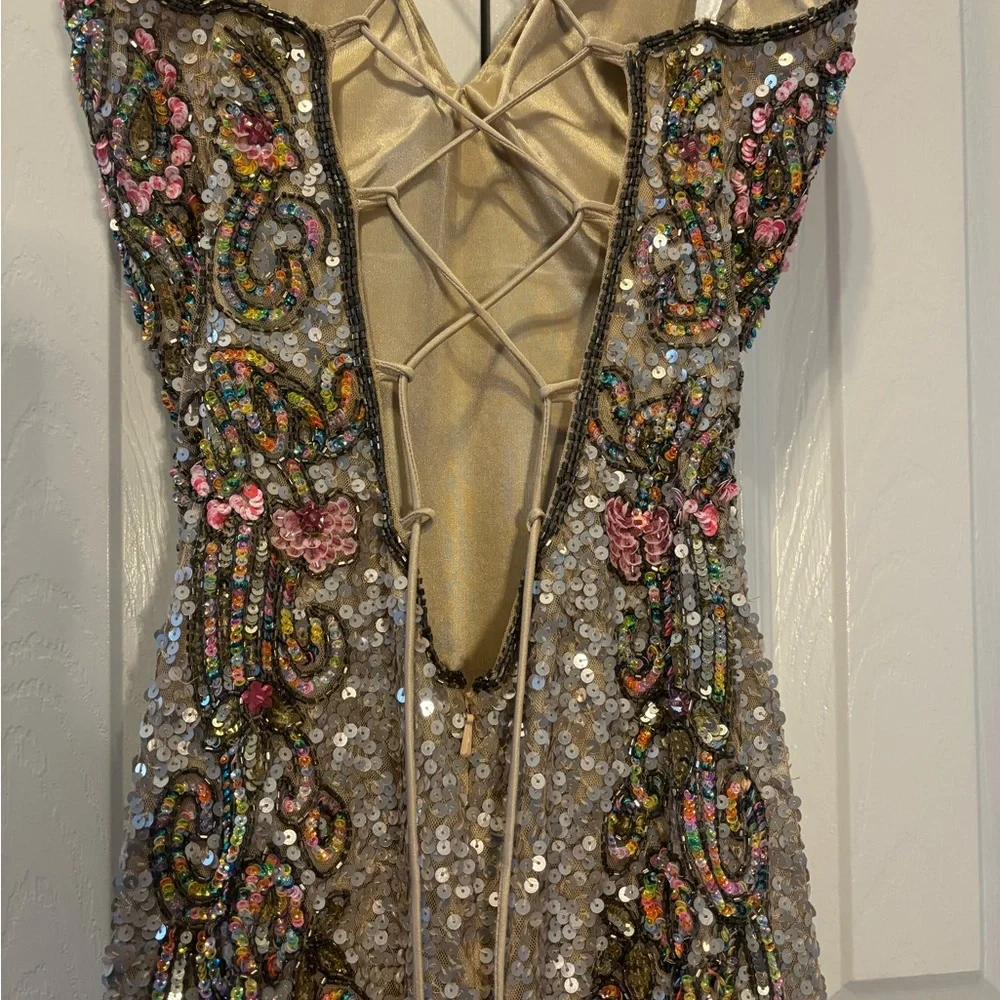 Primavera Couture Silver and Pink Sequin Gown - Picture 3 of 9